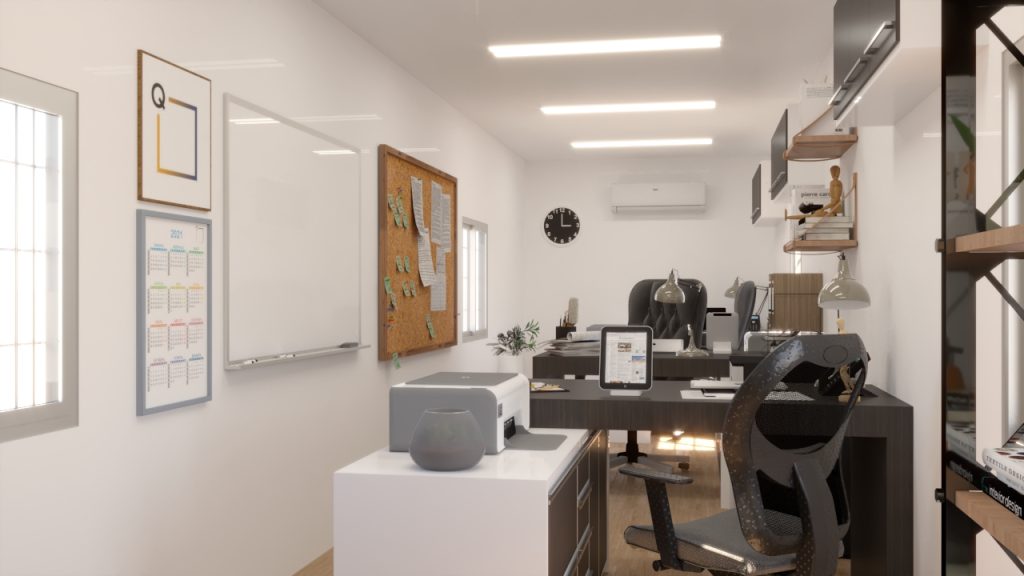 Render de interior de módulo oficina de 40 pies con baño