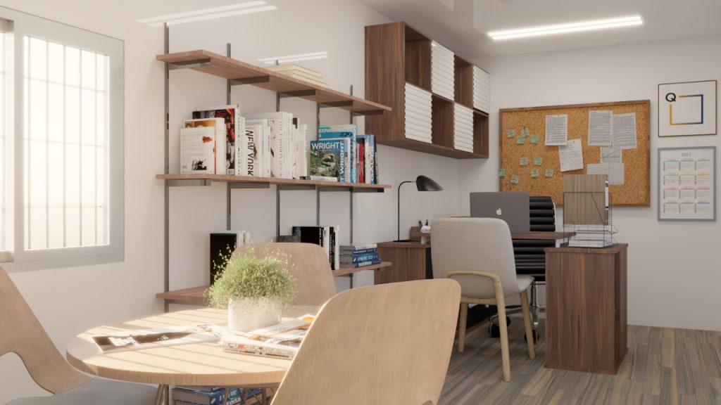 Render de interior de módulo oficina de 40 pies dividido en dos