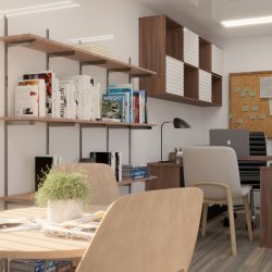 Render de interior de módulo oficina de 40 pies dividido en dos