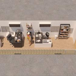 Render de módulo oficina de 40 pies con baño (por dentro)